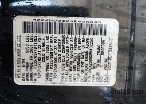 2005 Nissan Murano Sl from USA, damaged, VIN JN8AZ08WX5W402250